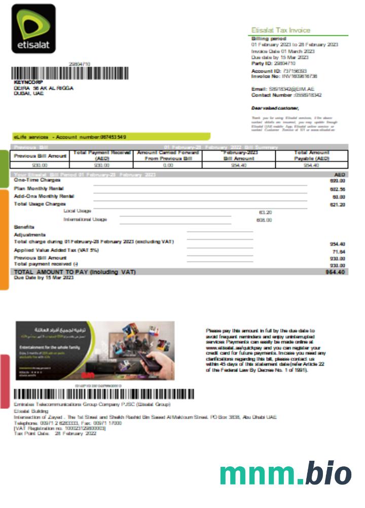 Etisalat rachunek za usługi komunalne